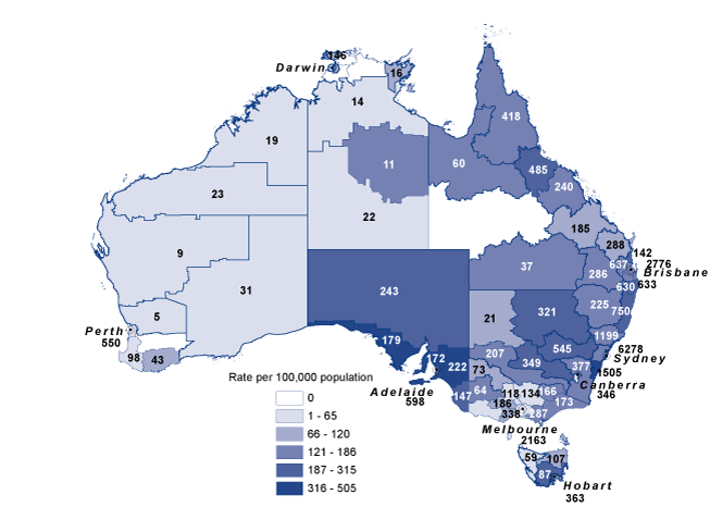 Map 3:  Notification rates and counts for pertussis, Australia, 2009, by Statistical Division of residence and Statistical Subdivision for the Northern Territory