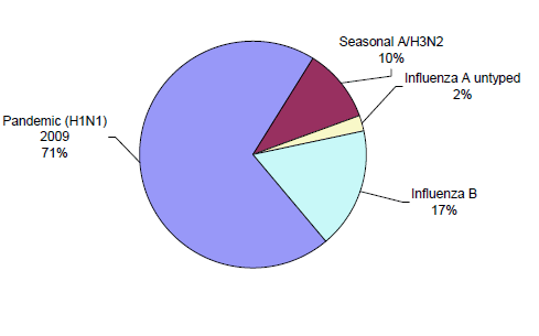 Figure 9. Percentage of specimens tested by sentinel laboratories influenza positive, 1 January 2010 to 17 September 2010, by subtype