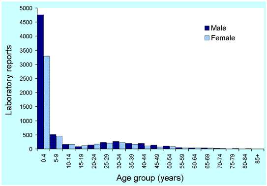 Figure 6. Laboratory reports to LabVISE of adenovirus infection, 1991 to 2000, by age and sex